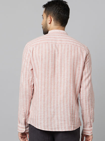 Celio Men Pink Striped Regular Fit Linen Shirts