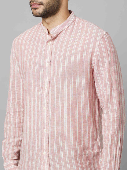Celio Men Pink Striped Regular Fit Linen Shirts