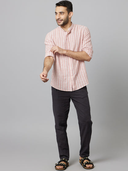 Celio Men Pink Striped Regular Fit Linen Shirts