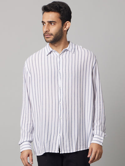 Celio Men White Striped Regular Fit Viscose Shirts