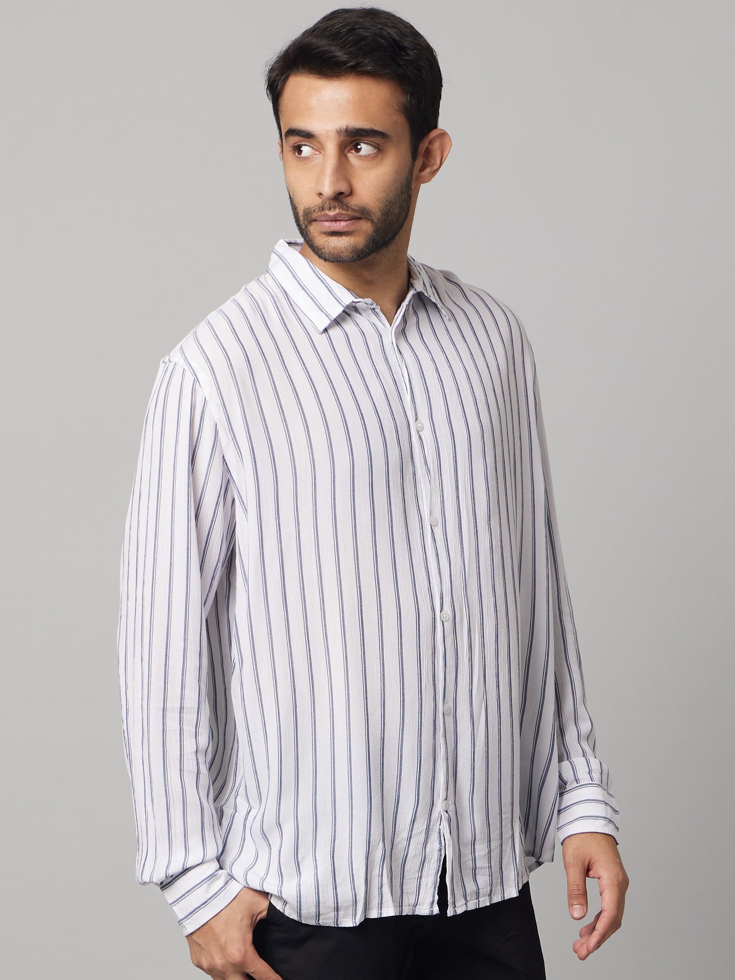 Celio Men White Striped Regular Fit Viscose Shirts