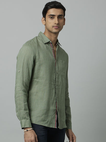 Celio Men Olive Solid Regular Fit Linen Shirts