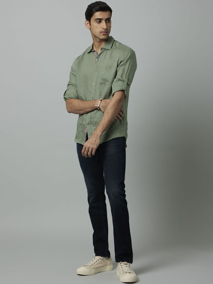 Celio Men Olive Solid Regular Fit Linen Shirts