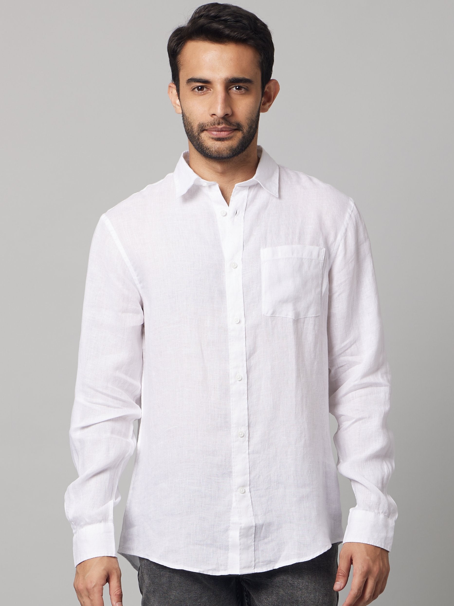 Celio Men White Solid Regular Fit Linen Shirts