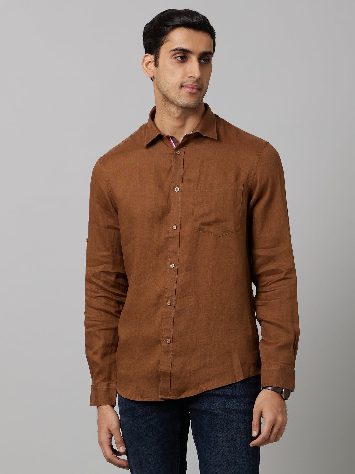 Celio Men Brown Solid Regular Fit Linen Shirts