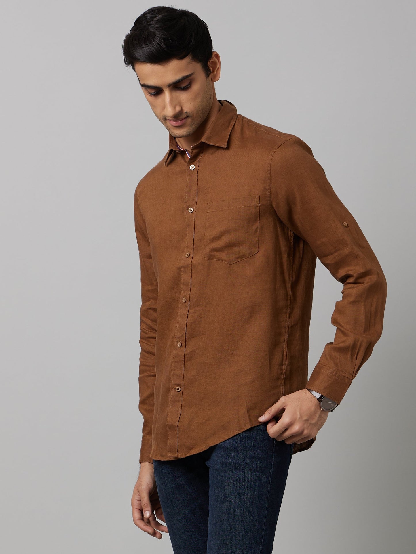 Celio Men Brown Solid Regular Fit Linen Shirts