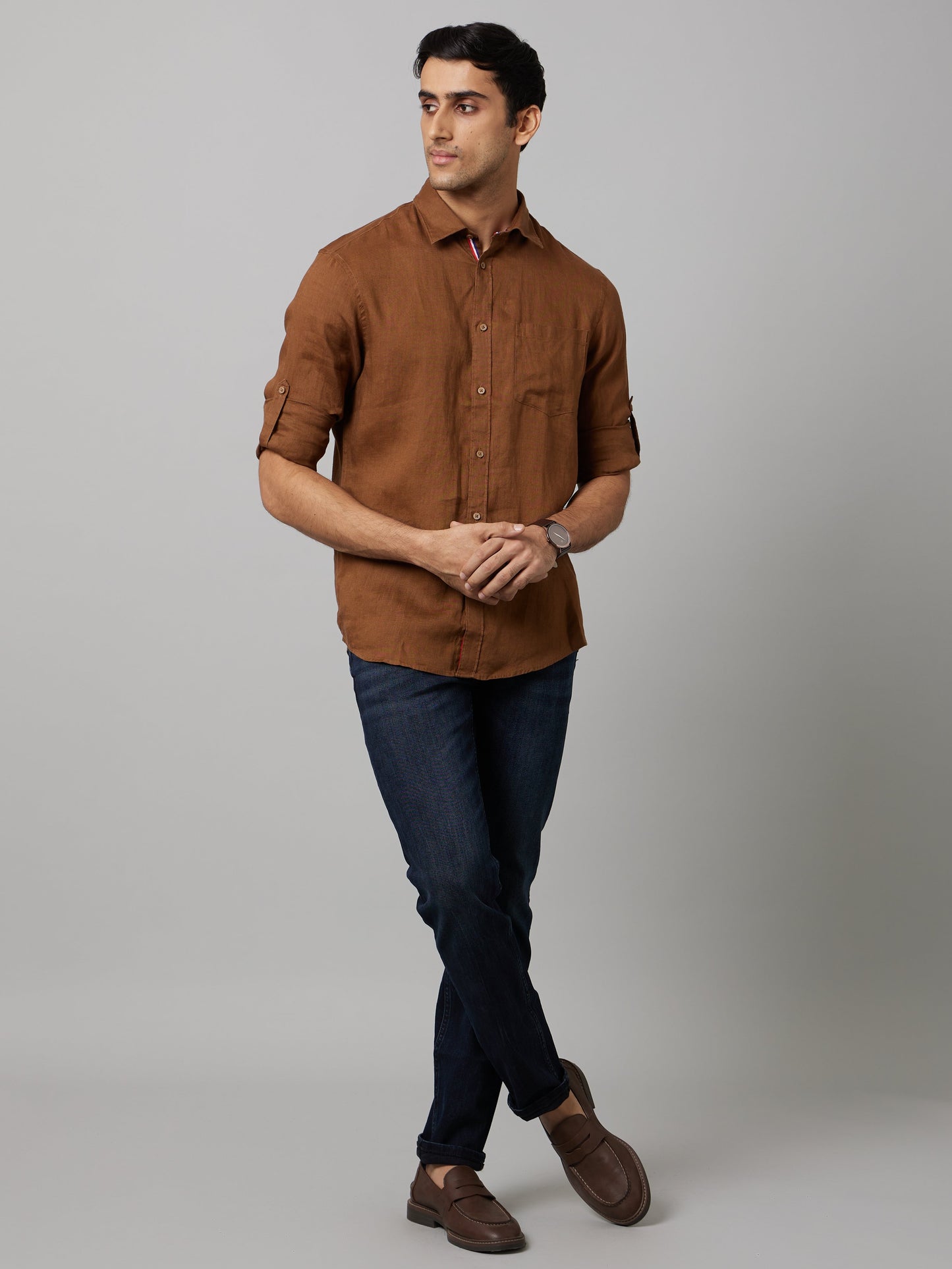 Celio Men Brown Solid Regular Fit Linen Shirts