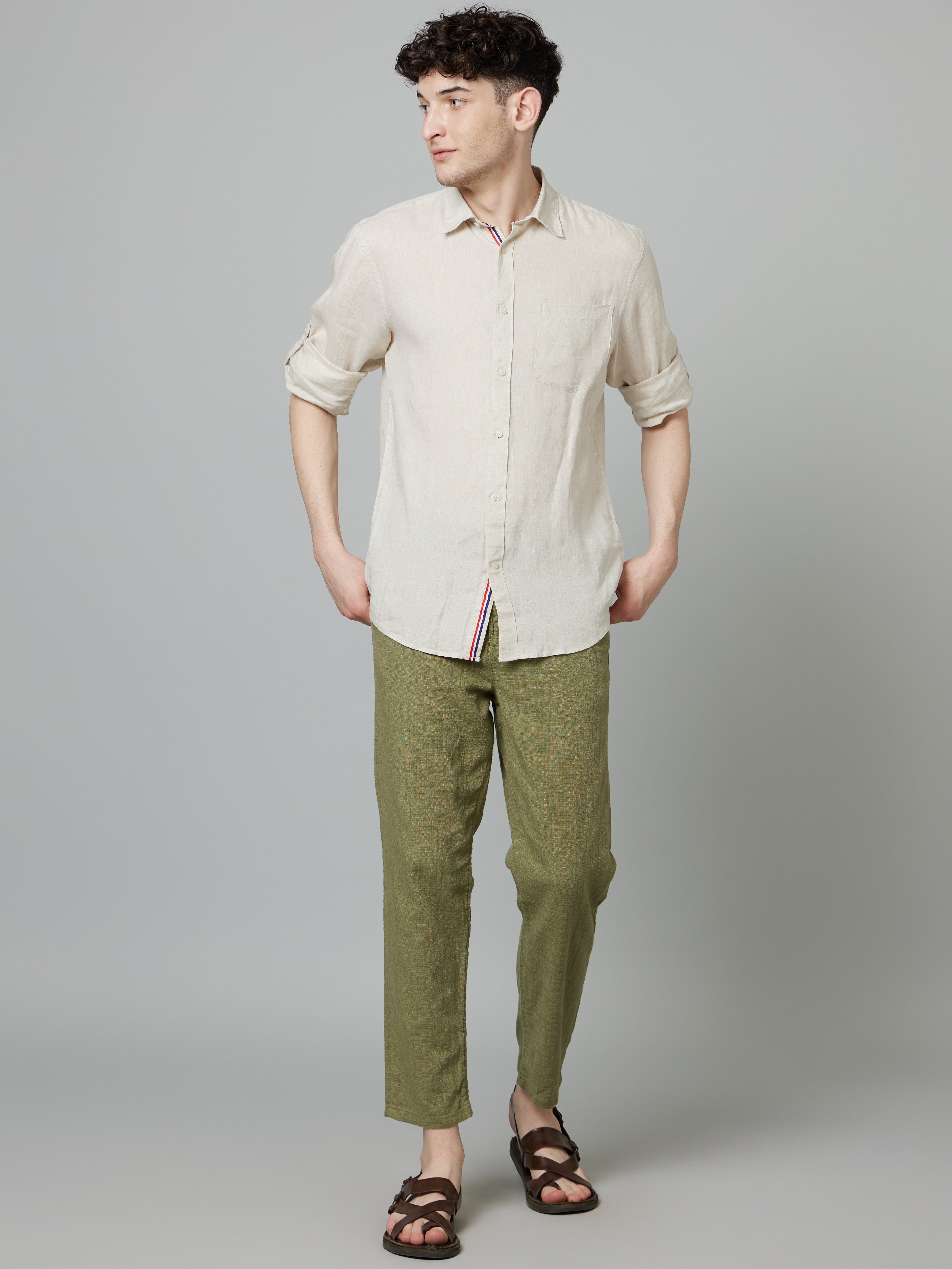Celio Men Beige Solid Regular Fit Linen Shirts