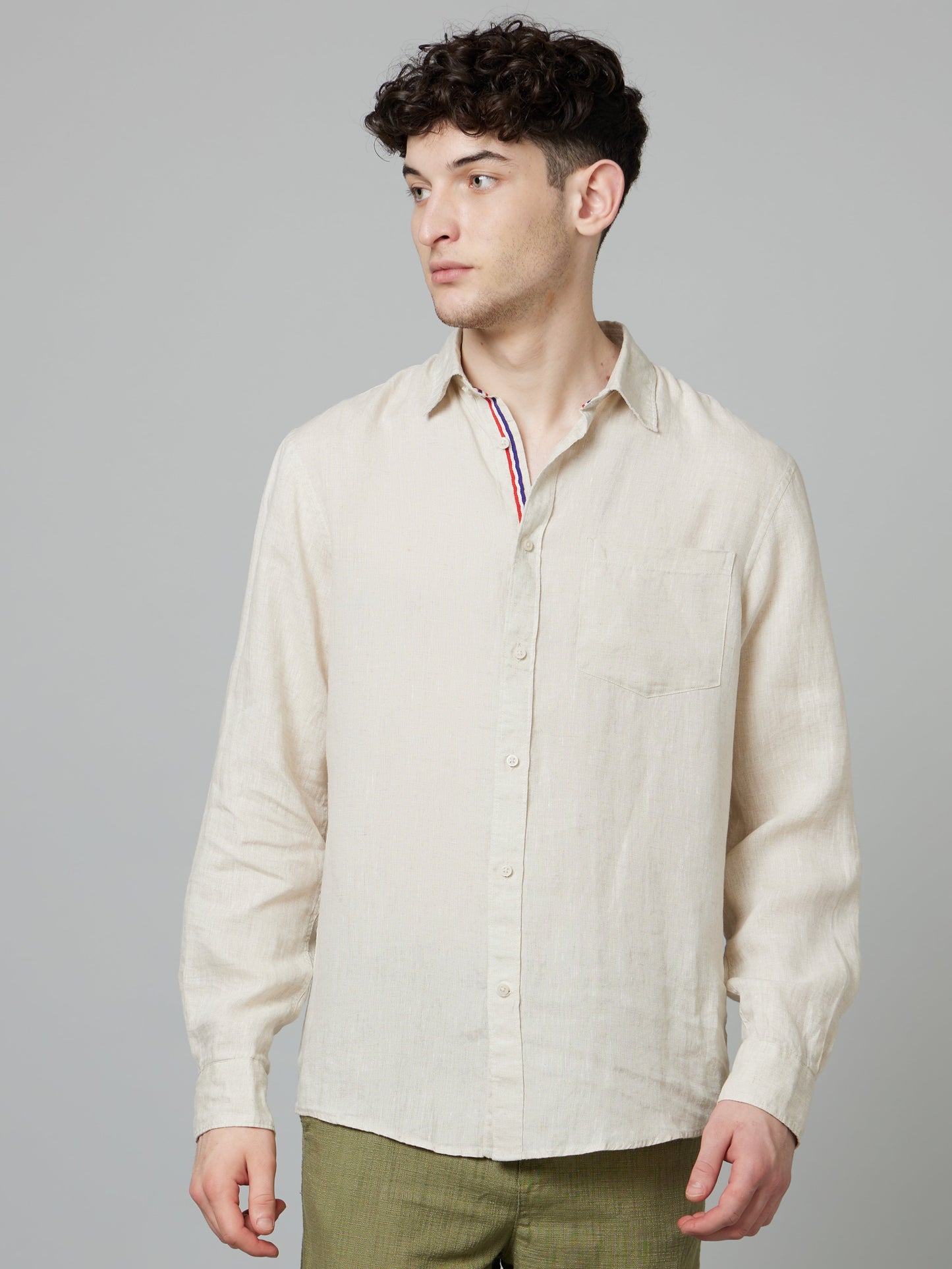 Celio* Men Beige Solid Regular Fit Linen Shirts