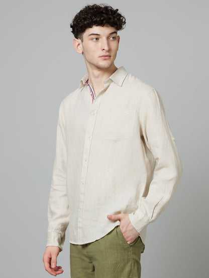 Celio* Men Beige Solid Regular Fit Linen Shirts