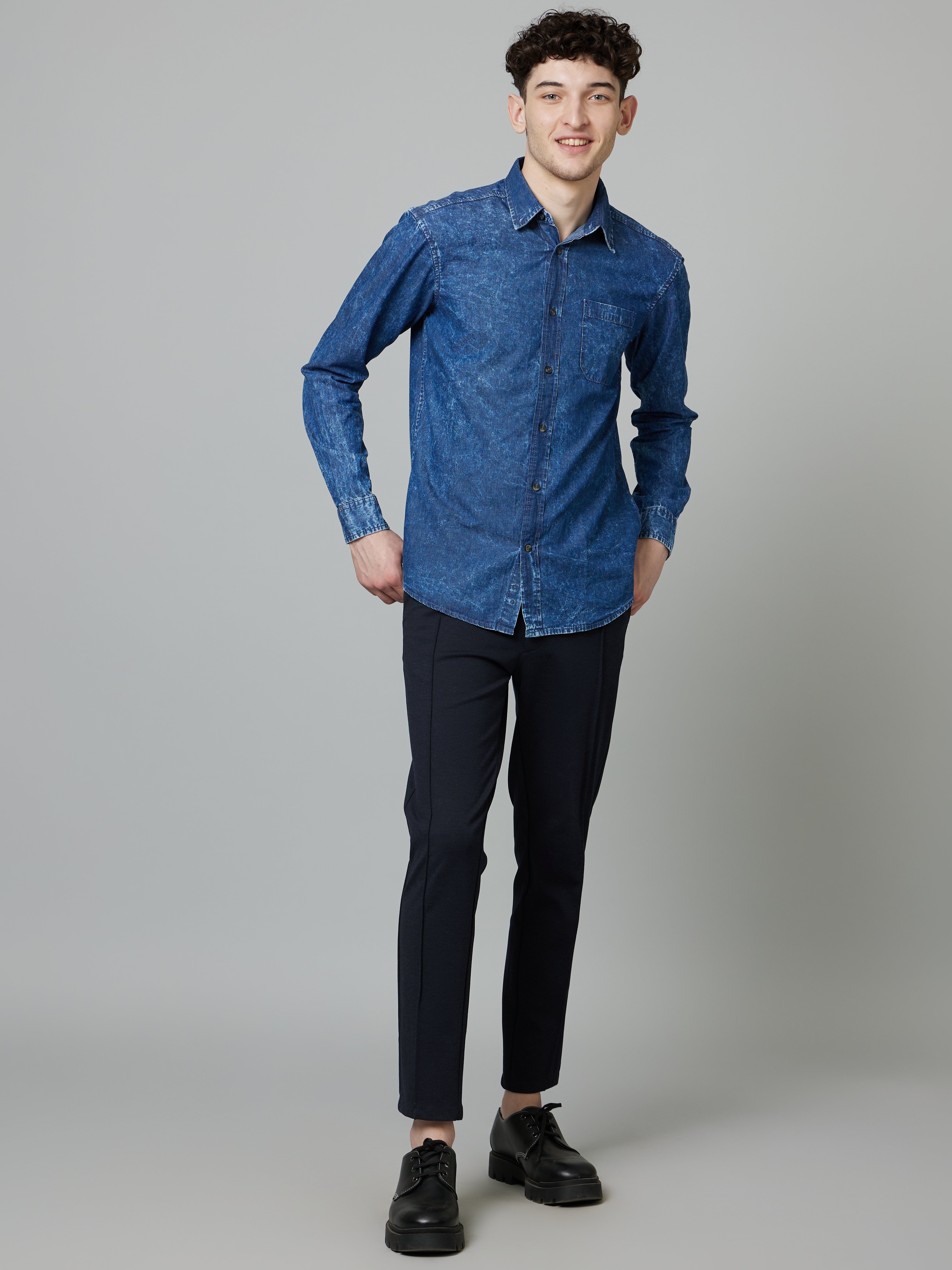 Celio Men Blue Solid Regular Fit Cotton Shirts