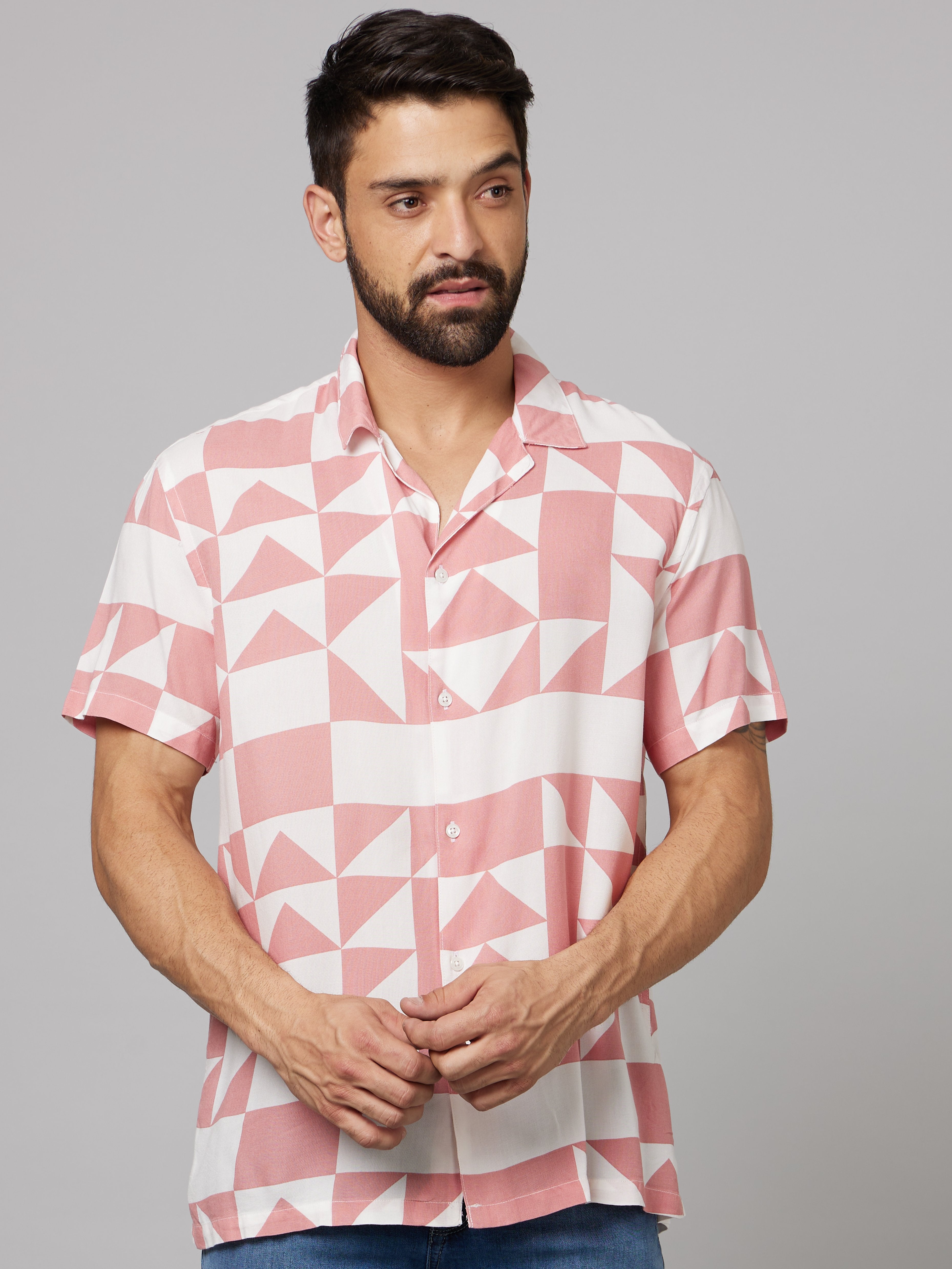 Celio Men Pink Printed Regular Fit Viscose Shirts