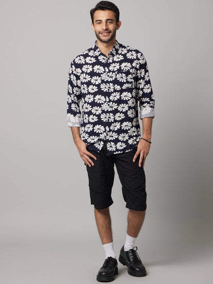 Celio Men Navy Blue Printed Regular Fit Viscose Shirts