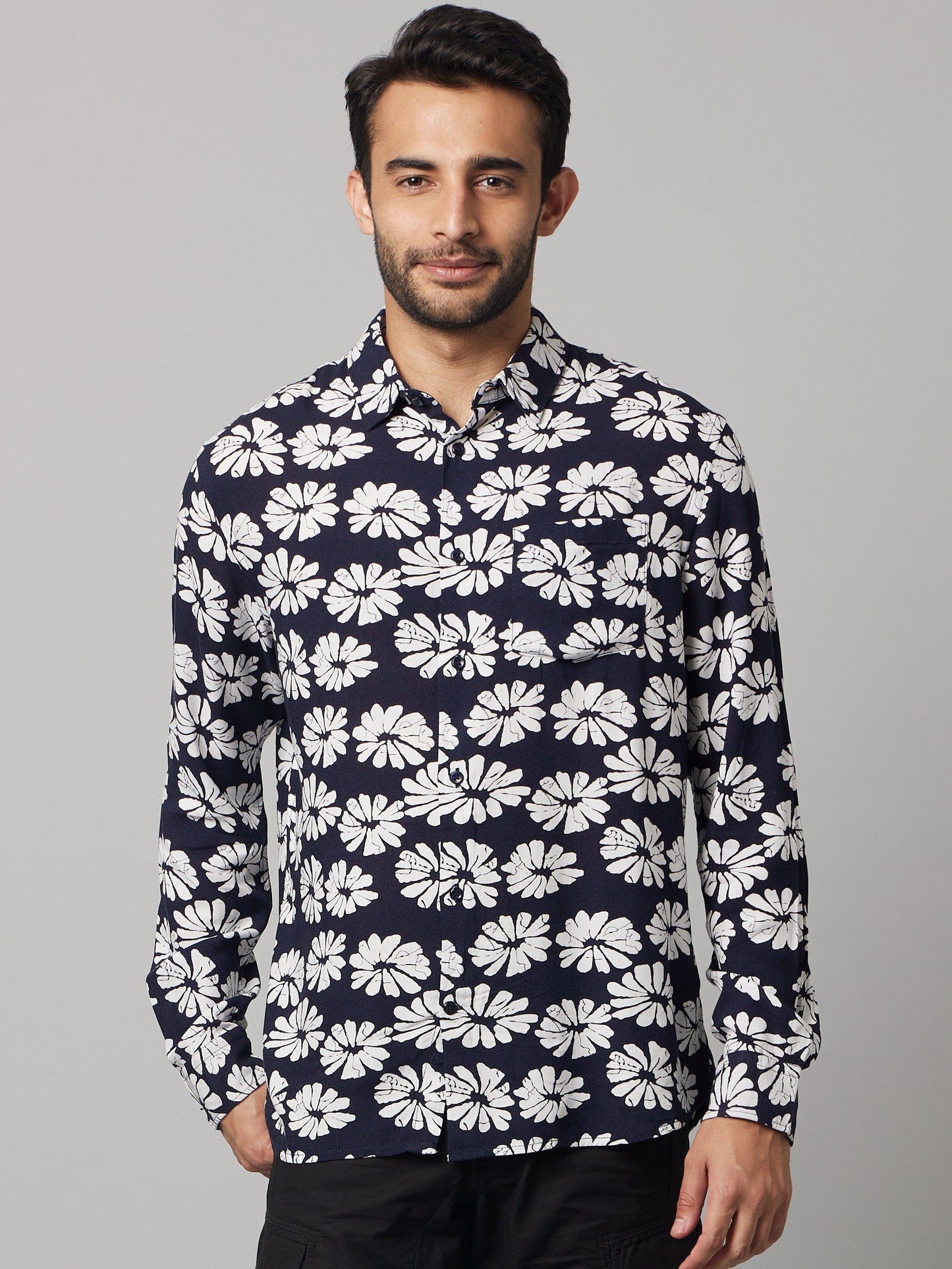 Celio Men Navy Blue Printed Regular Fit Viscose Shirts