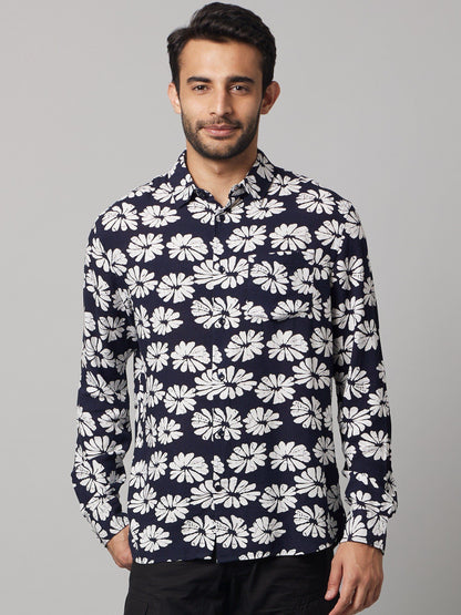 Celio Men Navy Blue Printed Regular Fit Viscose Shirts