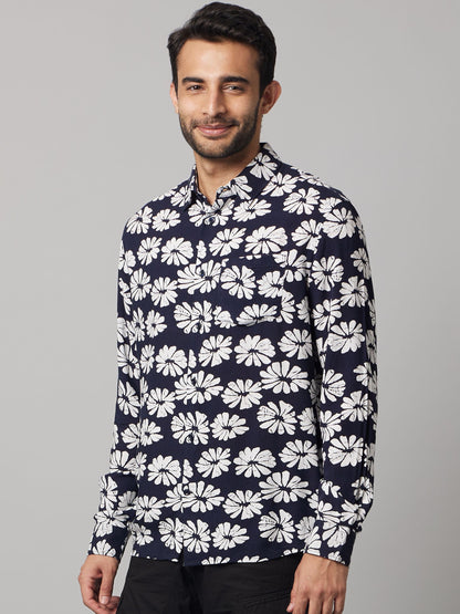 Celio Men Navy Blue Printed Regular Fit Viscose Shirts