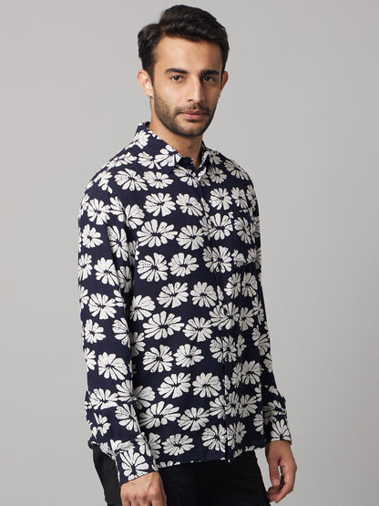 Celio Men Navy Blue Printed Regular Fit Viscose Shirts