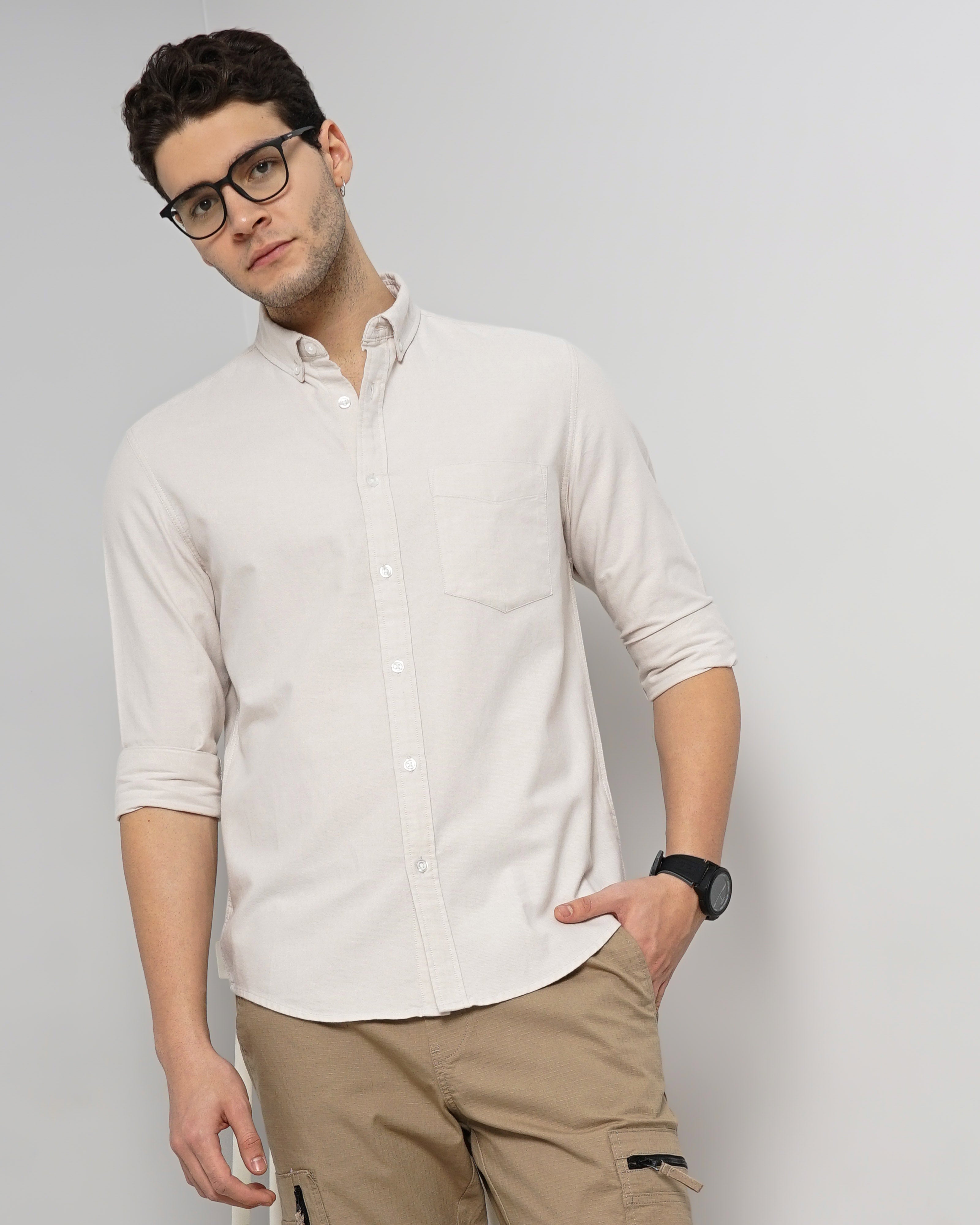 Beige Solid Cotton Shirt