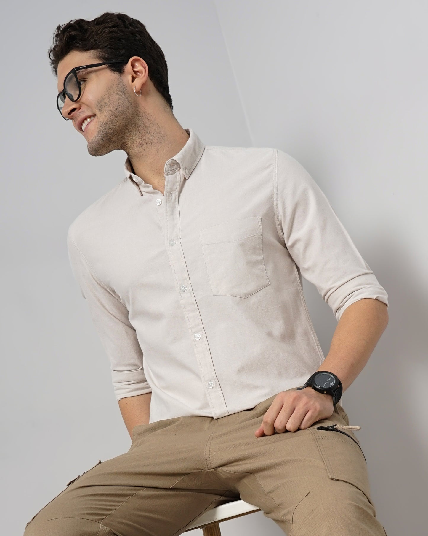 Beige Solid Cotton Shirt