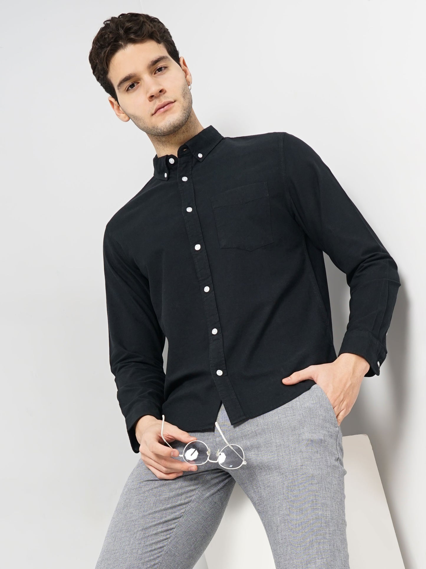 Black Solid Cotton Shirt