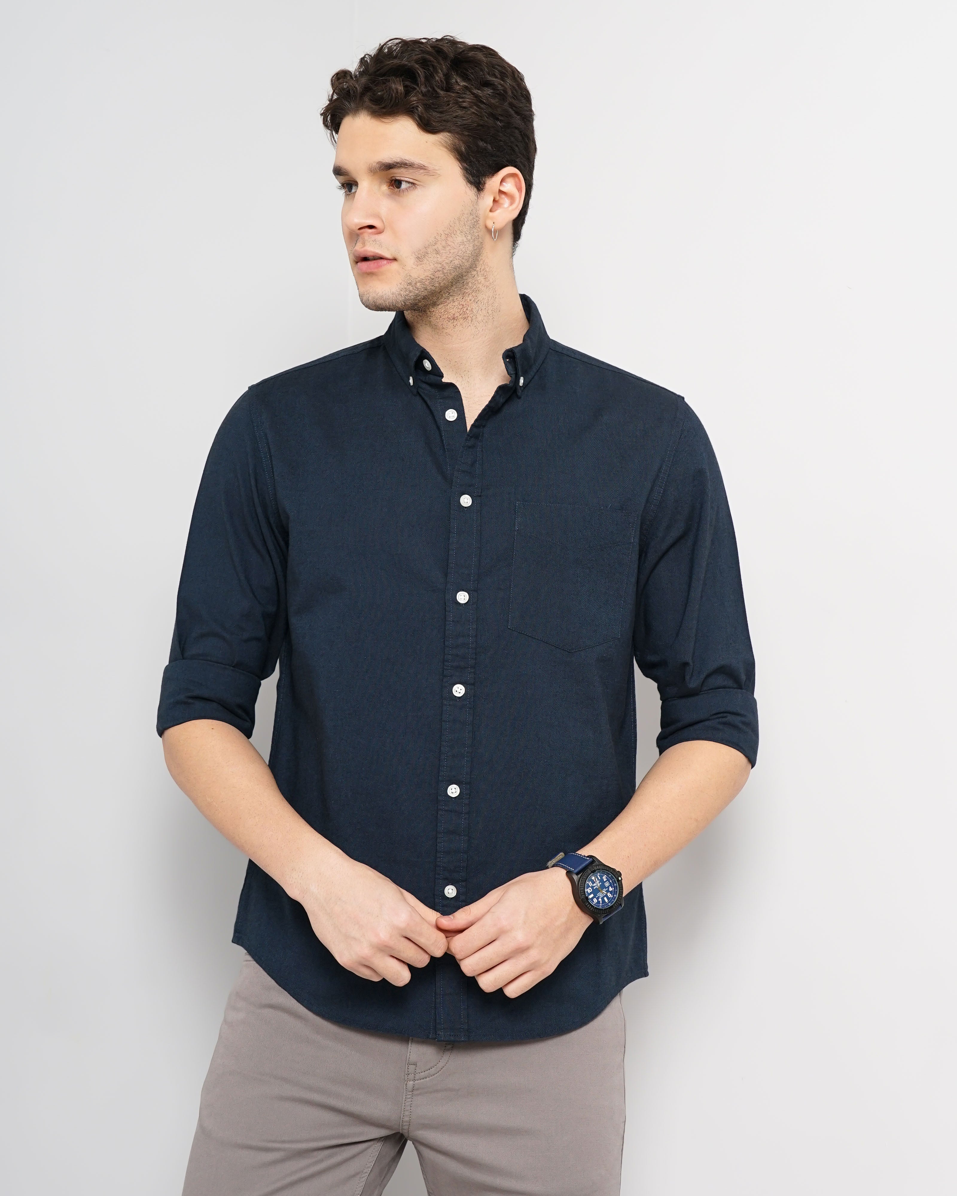 Navy Blue Solid Cotton Shirt