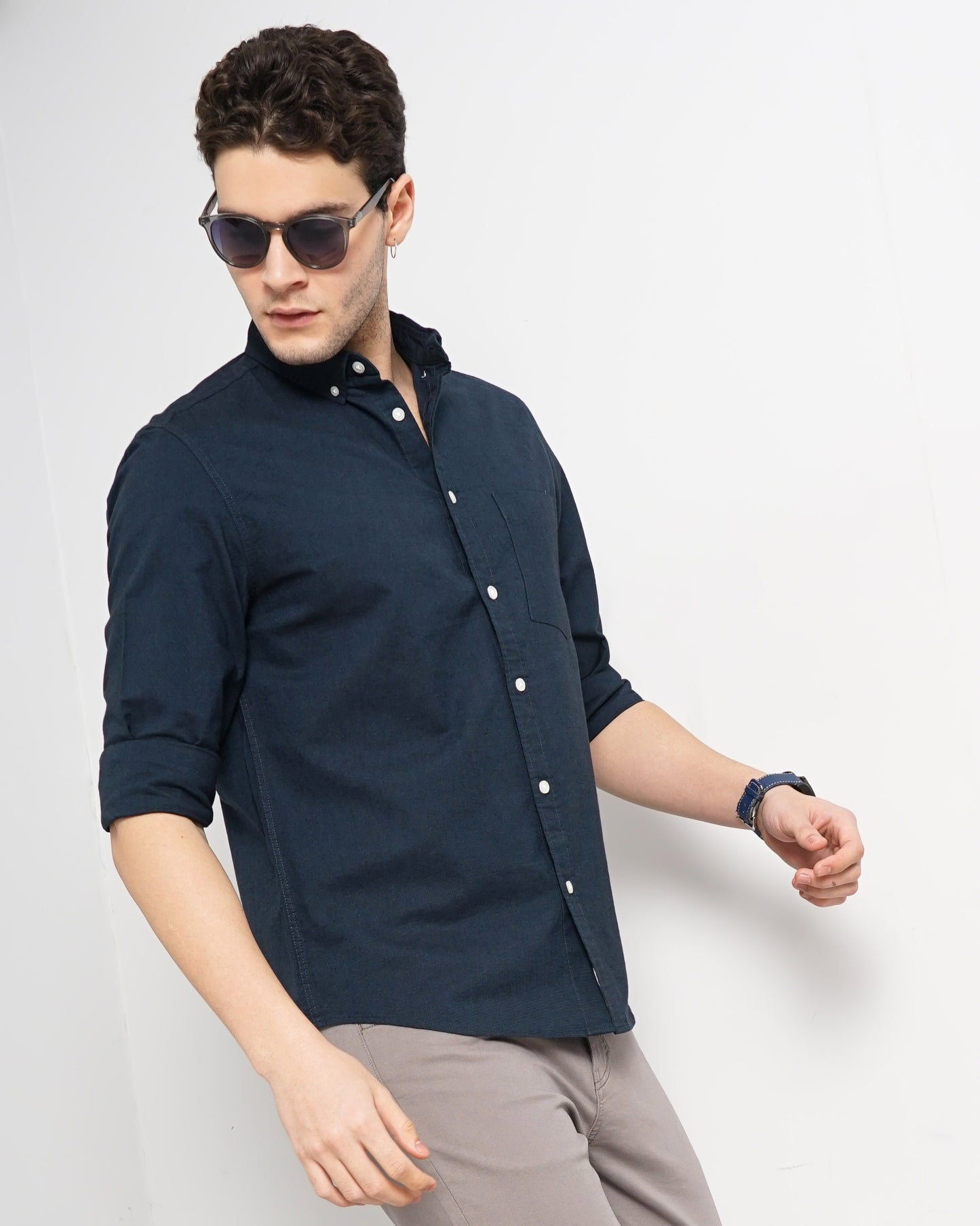 Navy Blue Solid Cotton Shirt