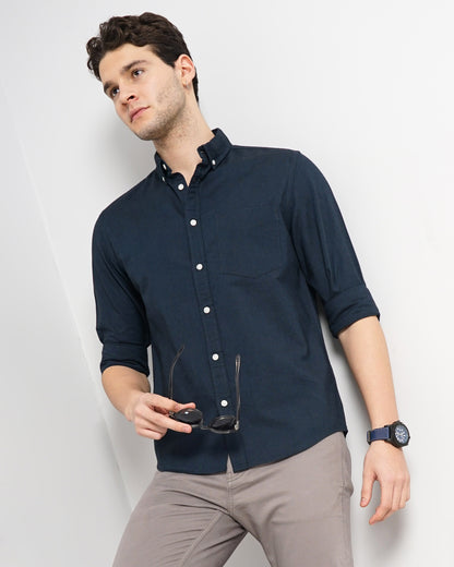 Navy Blue Solid Cotton Shirt