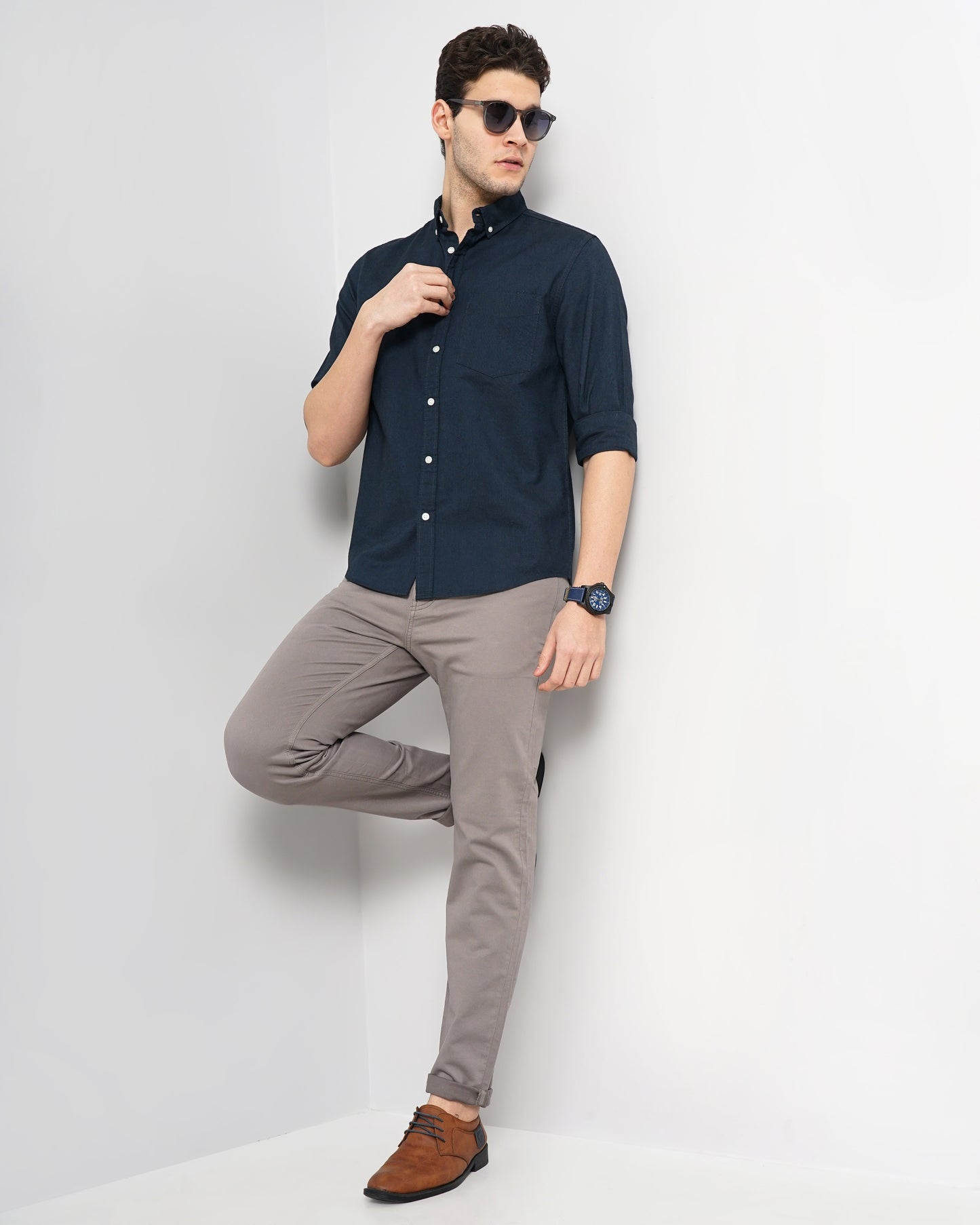 Navy Blue Solid Cotton Shirt