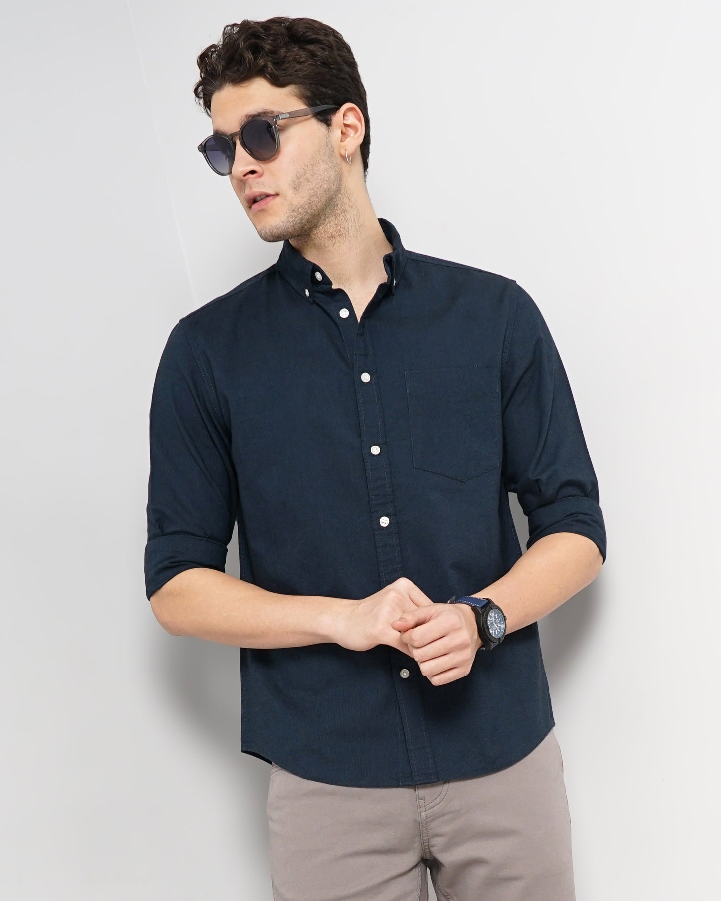 Navy Blue Solid Cotton Shirt