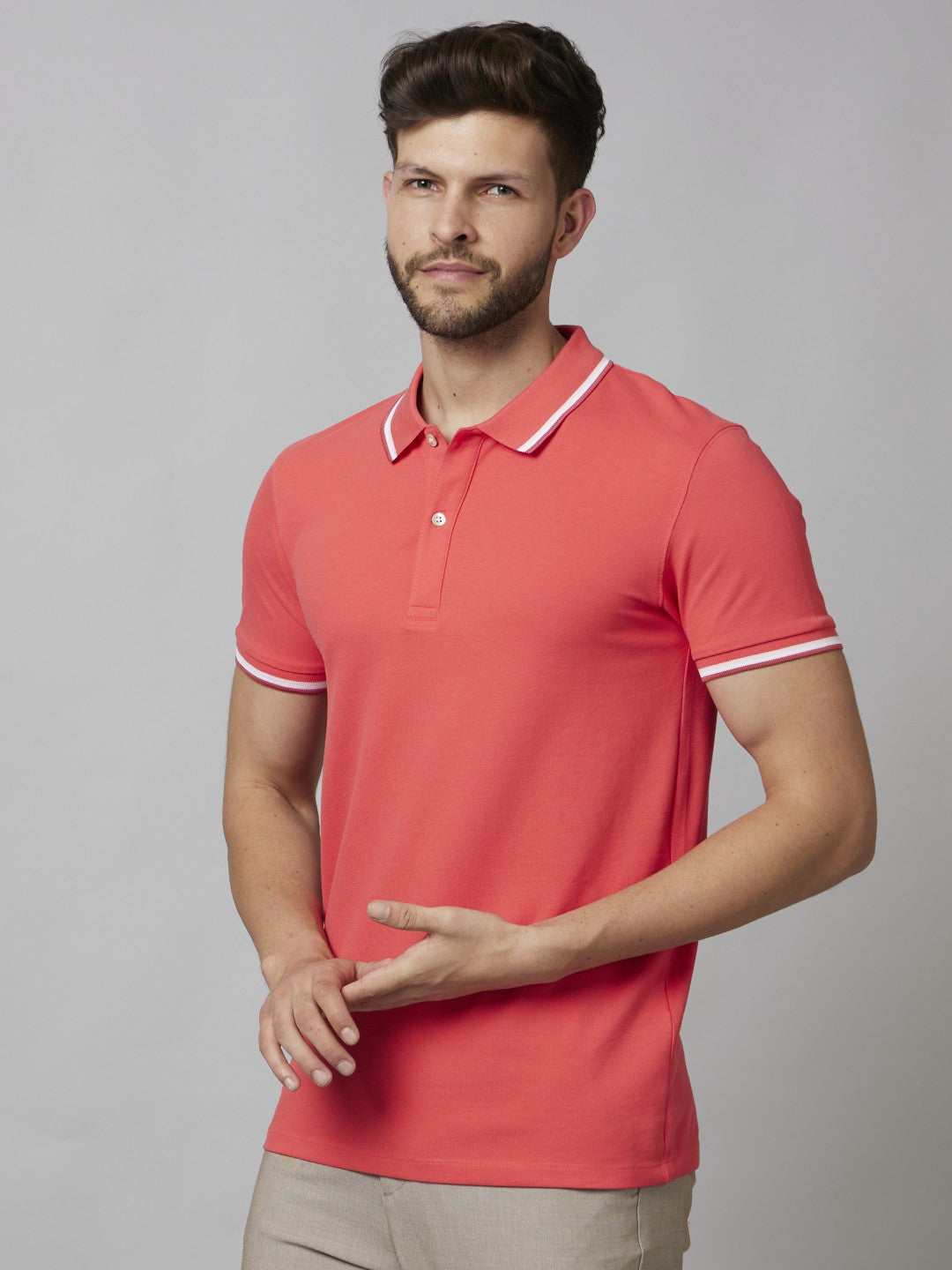 Celio Men Coral Solid Slim Fit Cotton T-Shirts