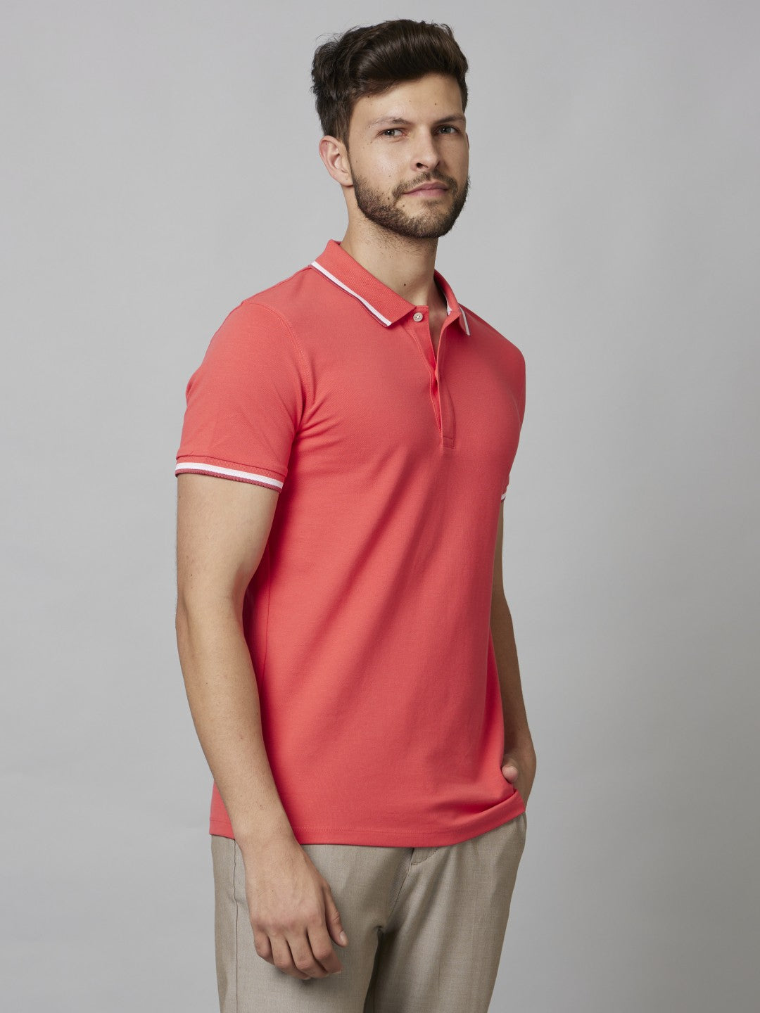 Celio Men Coral Solid Slim Fit Cotton T-Shirts