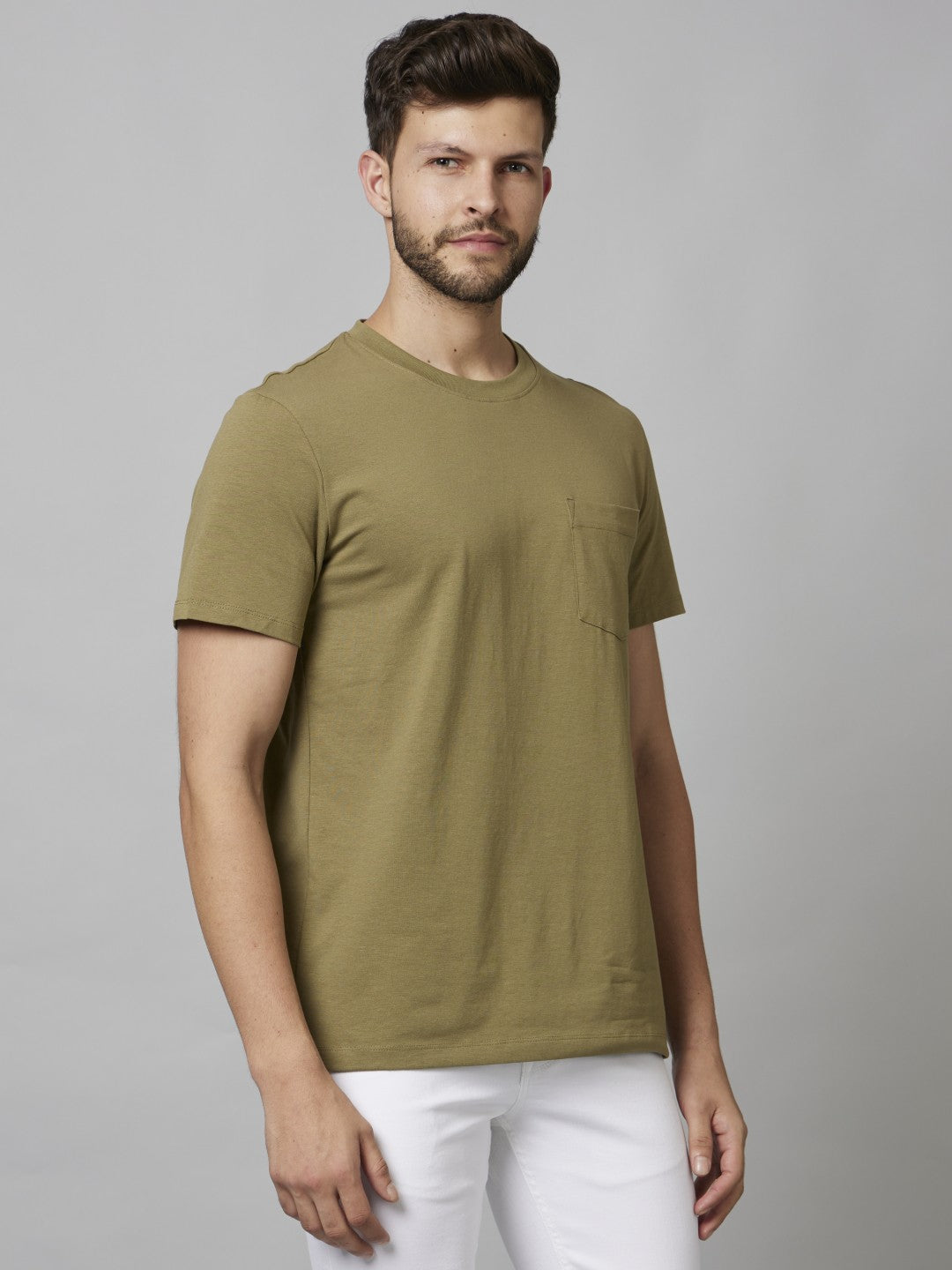 Celio Men Olive Solid Straight Fit Cotton T-Shirts