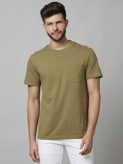 Celio Men Olive Solid Straight Fit Cotton T-Shirts