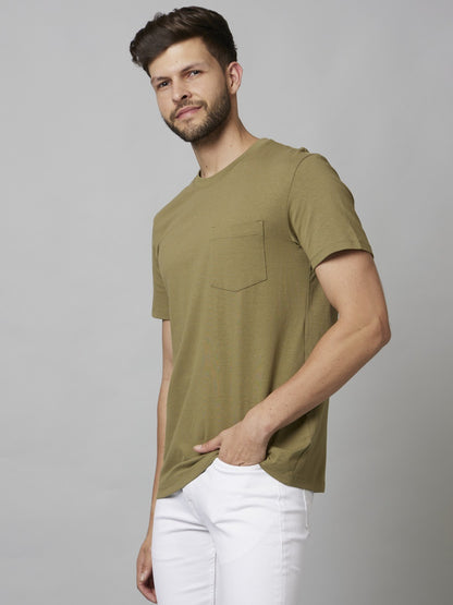 Celio Men Olive Solid Straight Fit Cotton T-Shirts