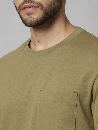 Celio Men Olive Solid Straight Fit Cotton T-Shirts