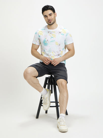 Celio Men White Printed Regular Fit Cotton T-Shirts
