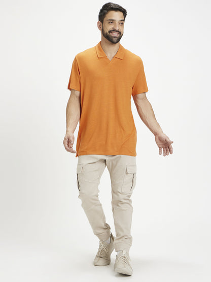 Celio Men Orange Solid Regular Fit Linen T-Shirts