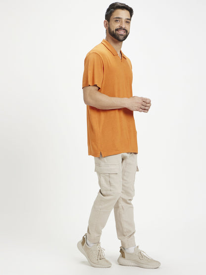 Celio Men Orange Solid Regular Fit Linen T-Shirts