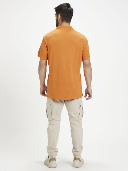 Celio Men Orange Solid Regular Fit Linen T-Shirts