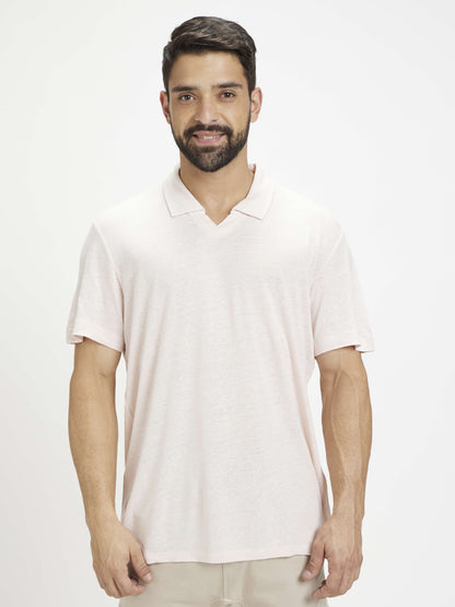 Celio Men Pink Solid Regular Fit Linen T-Shirts