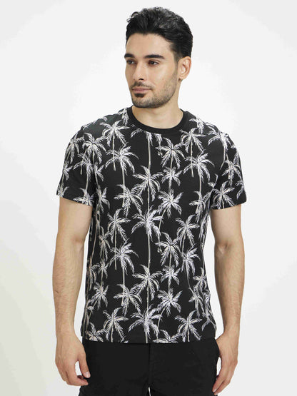 Celio Men Black Printed Regular Fit Cotton T-Shirts