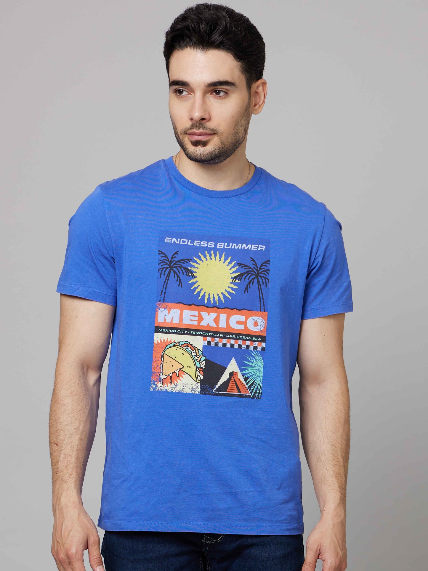 Celio Men Blue Printed Straight Fit Cotton T-Shirts