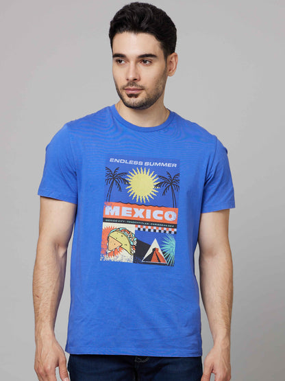 Celio Men Blue Printed Straight Fit Cotton T-Shirts