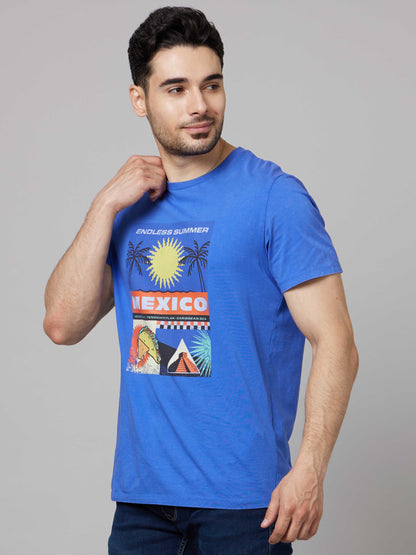 Celio Men Blue Printed Straight Fit Cotton T-Shirts