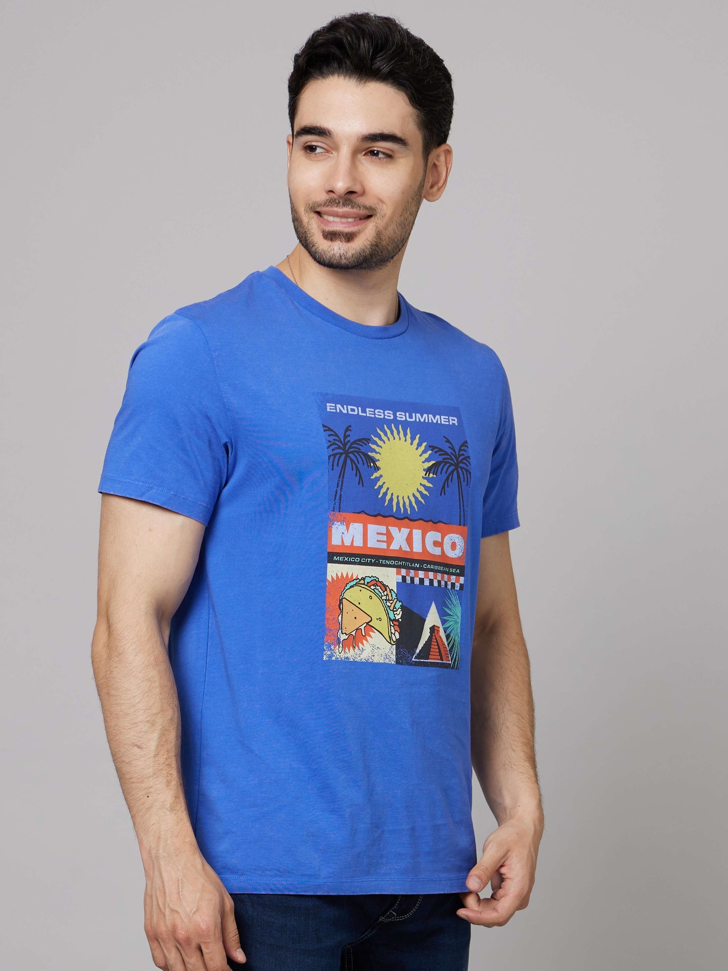 Celio Men Blue Printed Straight Fit Cotton T-Shirts