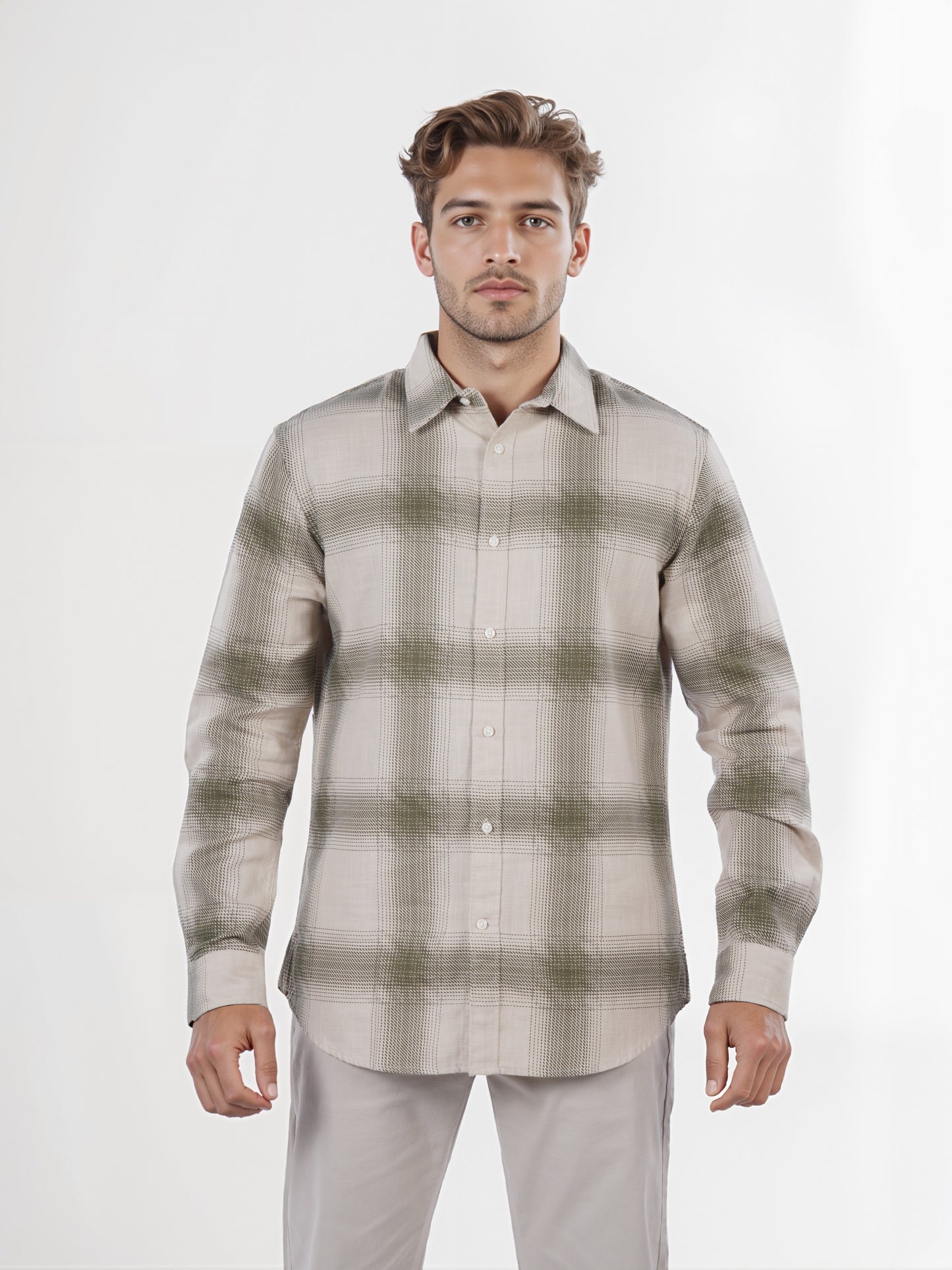 Celio* Men Olive Checked Regular Fit Cotton Shirt