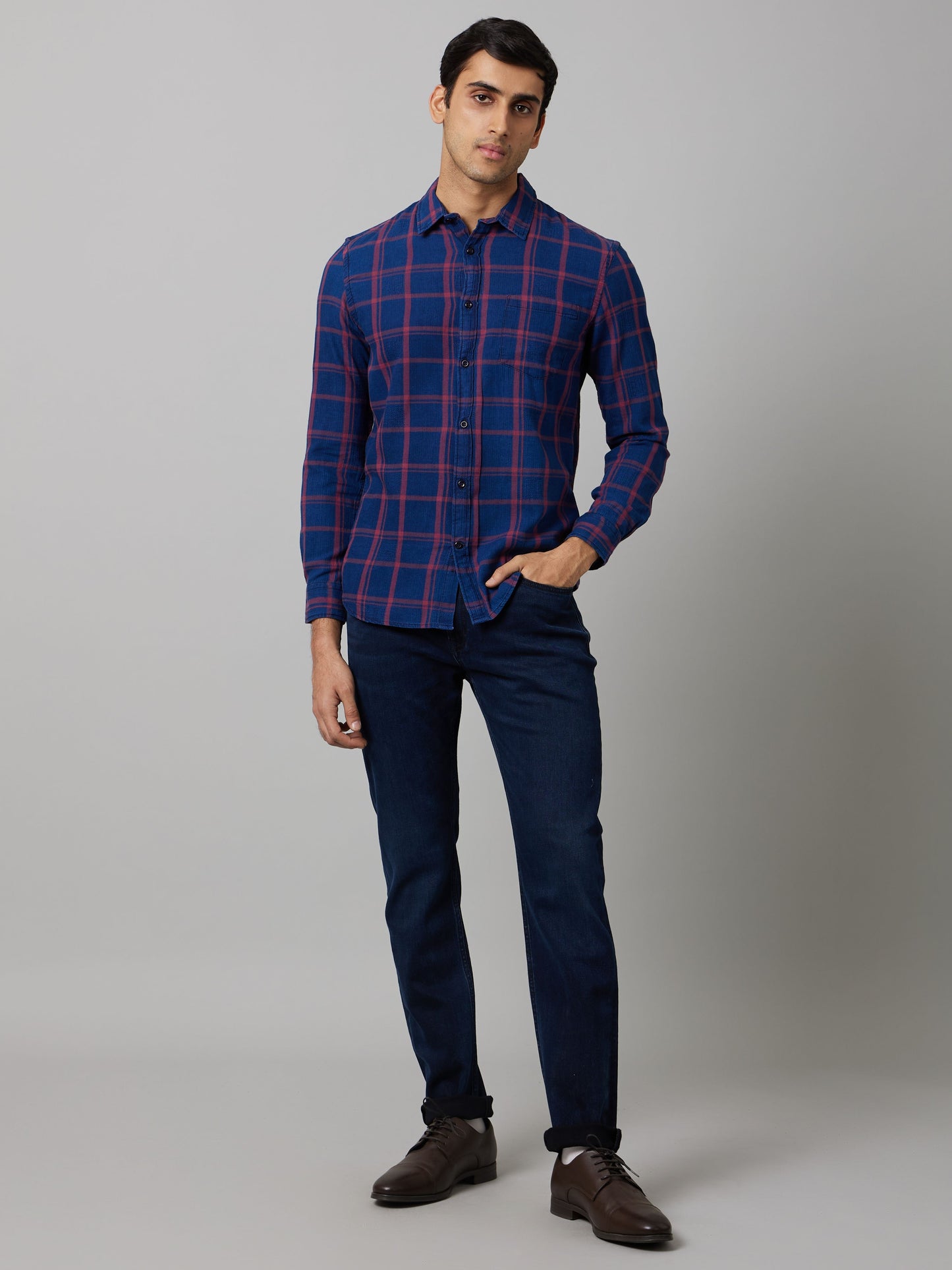 Celio Men Blue Solid Slim Fit Cotton-Linen-Blend Jeans