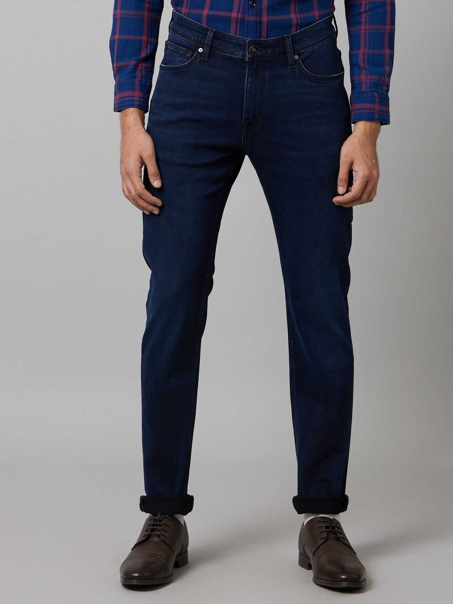 Celio Men Blue Solid Slim Fit Cotton-Linen-Blend Jeans