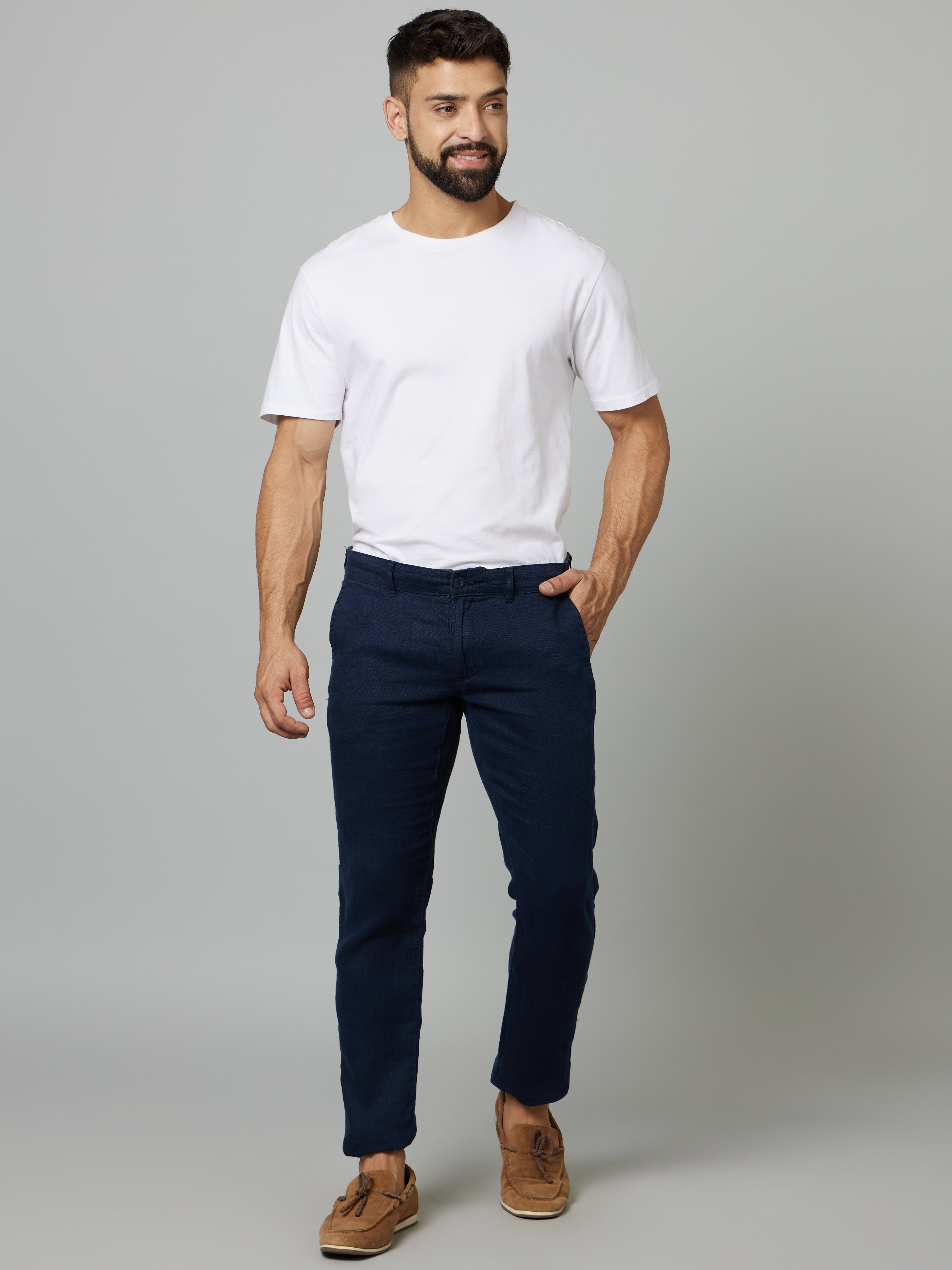 Celio Men Navy Blue Solid Slim Fit Linen Trousers