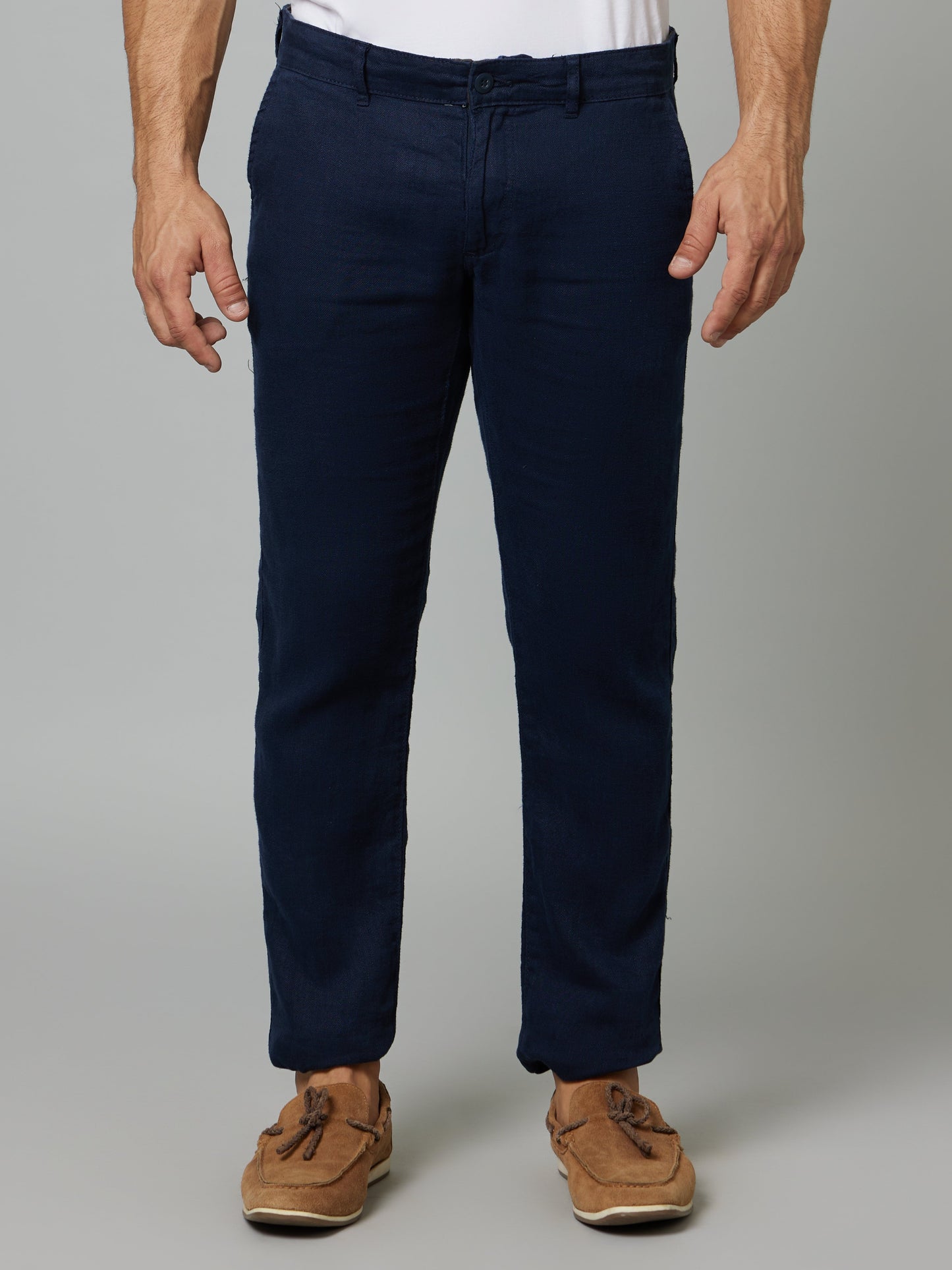 Celio Men Navy Blue Solid Slim Fit Linen Trousers